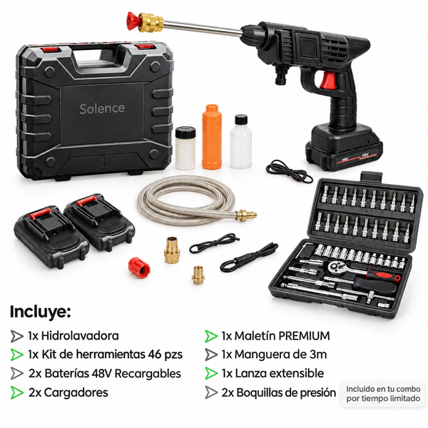 🔥COMBO LIQUIDACIÓN: Hidrolavadora + (Kit de Herramientas 46 Pzs + Doble Batería + Maletín)