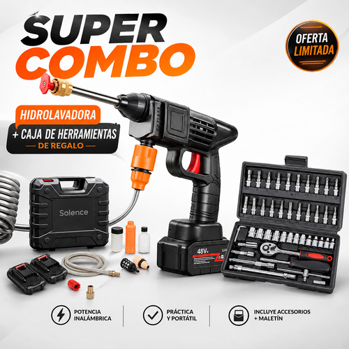 🔥COMBO LIQUIDACIÓN: Hidrolavadora + (Kit de Herramientas 46 Pzs + Doble Batería + Maletín)